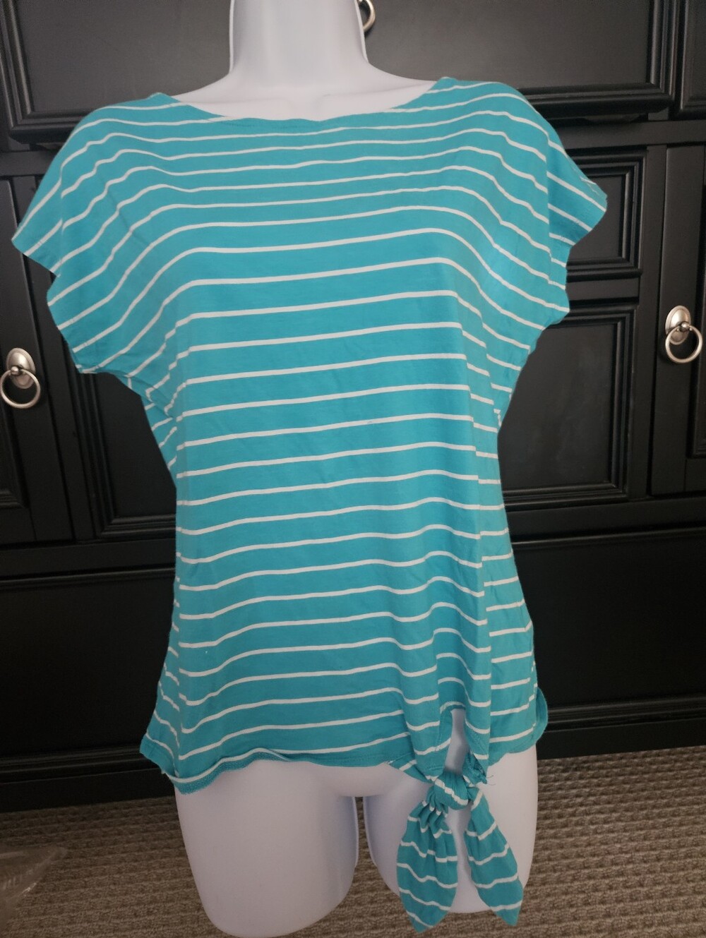 Lauren Ralph‎ Lauren Striped Side-Tie Tee • Aqua Teal White Boatneck Knit Top S